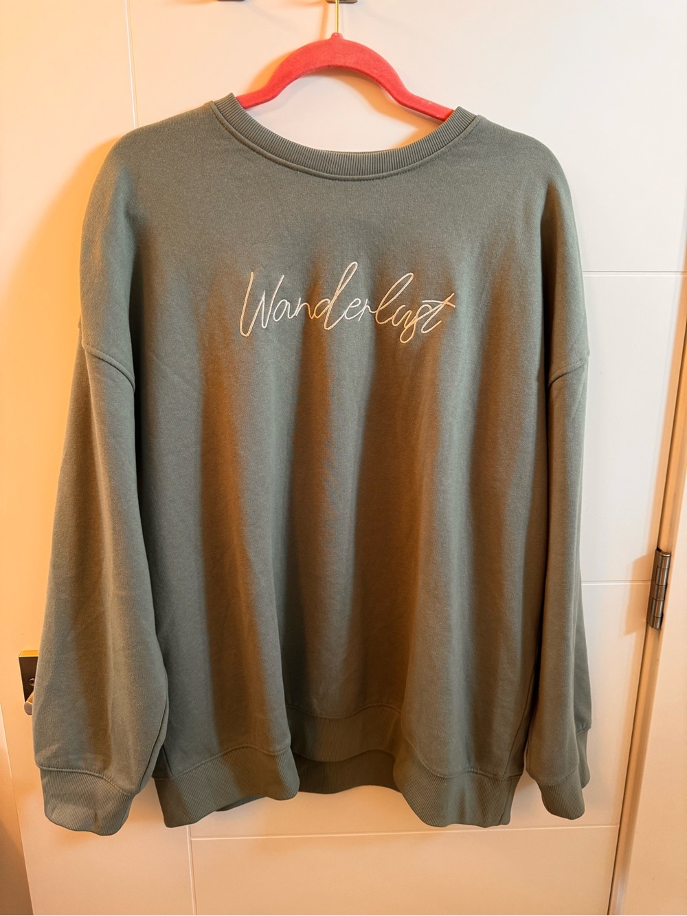 Wanderlust Embroidered Script Fleece Crewneck Sweatshirt Sage Green